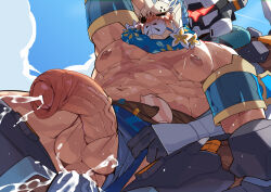Rule 34 | 2boys, abs, absurdres, anal, bara, blue sky, blush, cloud, cloudy sky, cum, erection, foreskin, gerard (world flipper), helmet, highres, humanoid robot, loincloth, looking down, lvluri (murimurri670), male focus, multiple boys, muscular, muscular male, navel, nipples, pectorals, penis, robot, sky, tears, testicles, world flipper, yaoi, zantetsu (world flipper)