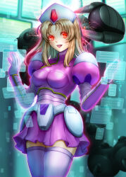 1girl absurdres blonde_hair breasts commission cowboy_shot dress electricity hat highres holographic_interface kiwakiwa long_hair looking_at_viewer magna_centipede_(mega_man) medium_breasts mega_man_(series) mega_man_x2 mega_man_x_(manga) mega_man_x_(series) nurse_cap pink_dress pixiv_commission red_eyes short_dress silkie_(mega_man) thighhighs white_thighhighs