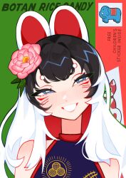 1girl :d black_hair blue_eyes blush commentary cover elephant english_commentary english_text fake_cover fizzeru flower grin hair_flower hair_ornament halterneck head_tilt highres long_hair looking_at_viewer multicolored_hair open_mouth original pink_flower smile solo teeth two-tone_hair white_hair