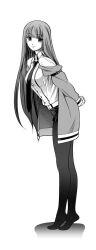 1girl arm_belt arms_behind_back belt black_pantyhose black_shorts breasts brown_hair brown_jacket collared_shirt eibon hair_between_eyes highres jacket jacket_partially_removed leather_belt looking_at_viewer makise_kurisu medium_breasts monochrome necktie no_shoes pantyhose red_necktie shirt shorts small_breasts smile solo steins;gate white_belt white_shirt