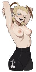 1girl absurdres antenna_hair armpits arms_up black_pants blonde_hair blue_eyes breasts cameltoe english_text fangs forehead hair_slicked_back high-waist_pants highres holding_own_arm kingdom_hearts kingdom_hearts_chain_of_memories larxene lips medium_breasts medium_hair navel nipples open_mouth pants pointy_ears porqueloin sidelocks simple_background solo sweat teeth topless_female white_background