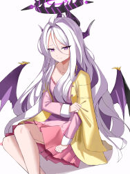 1girl absurdres aged_up black_halo blue_archive blush breasts collarbone commentary_request demon_girl demon_horns demon_wings halo highres hina_(blue_archive) hina_(pajamas)_(blue_archive) horns hua_hai_qishi jacket pajamas pink_pajamas polka_dot polka_dot_pajamas prefect_team_(blue_archive) purple_eyes simple_background sitting small_breasts solo white_background wings yellow_jacket