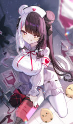1girl bird black_hair black_thighhighs blood blood_bag blush bow breasts dress grey_hair haidollo hair_bow hair_bun hair_ornament hat heart heart-shaped_pupils highres large_breasts large_syringe long_hair looking_at_viewer multicolored_hair nijisanji nurse nurse_cap oversized_object red_eyes sitting smile solo split-color_hair streaked_hair stuffed_toy symbol-shaped_pupils syringe thighhighs tongue tongue_out two-tone_hair virtual_youtuber wariza white_dress white_thighhighs yorumi_rena