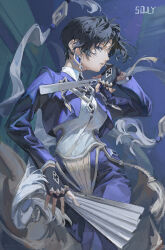 1girl artist_name black_gloves black_hair blue_background blue_eyes blue_jacket blue_pants collared_shirt commentary earrings fingerless_gloves folded_fan folding_fan gloves hand_fan highres holding holding_fan holding_weapon jacket jewelry long_sleeves original pants parted_lips shawl shirt short_hair solo souly standing tassel weapon white_shirt