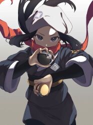 1girl akari_(pokemon) black_hair black_sash black_shirt commentary_request eyelashes floating_hair floating_scarf gradient_background grey_eyes grey_jacket grey_skirt hands_up headscarf highres hisuian_poke_ball holding holding_poke_ball jacket long_hair nintendo pantyhose poke_ball pokemon pokemon_legends:_arceus roka_(o-yasumi) sash scarf scarf_over_mouth shirt sidelocks skirt solo white_headscarf white_headwear