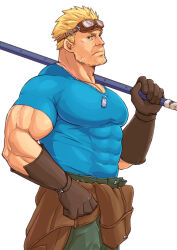1boy arm_up bara beard_stubble blonde_hair blue_eyes blue_shirt brown_gloves cid_highwind closed_mouth clothes_around_waist covered_abs covered_pectorals dog_tags elbow_gloves facial_hair final_fantasy final_fantasy_vii gloves goggles goggles_on_head green_pants hair_slicked_back hand_on_own_hip holding holding_polearm holding_weapon jacket jacket_around_waist looking_to_the_side magnum_feering male_focus muscular muscular_male pants pectorals polearm profile shirt shirt_tucked_in sideways_glance simple_background solo stubble tight_clothes weapon white_background