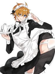 1boy alternate_costume apron blue_eyes closed_mouth crossdressing dress earrings enmaided frilled_dress frilled_skirt frills genshin_impact hair_between_eyes holding holding_tray jewelry maid maid_headdress male_focus orange_hair puffy_sleeves short_hair simple_background single_earring skirt smile solo sssss2222 tartaglia_(genshin_impact) tray white_background