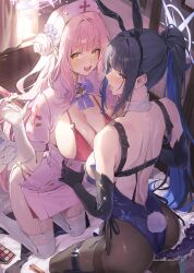 2girls alternate_costume angel_wings animal_ears ass back bare_back black_hair black_pantyhose blue_archive blue_eyes blue_hair blue_halo blue_leotard blush bow bowtie breasts chest_harness cleavage colored_inner_hair cross detached_collar elbow_gloves fake_animal_ears fake_tail feathered_wings garter_belt garter_straps gloves hair_bun hair_ornament halo harness hat highleg highleg_leotard highres holding holding_syringe kneeling large_breasts leotard long_hair looking_at_viewer looking_back low_wings mika_(blue_archive) multicolored_hair multiple_girls netural nurse nurse_cap open_mouth pantyhose pink_hair pink_halo playboy_bunny rabbit_ears rabbit_tail red_cross rubber_gloves saori_(blue_archive) sideboob single_side_bun syringe tail thighhighs two-tone_hair white_gloves white_thighhighs white_wings wing_ornament wings yellow_eyes