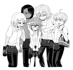 &lt;o&gt;_&lt;o&gt; 1girl 4boys :3 :d absurdres ahoge bag belt closed_mouth collared_shirt gamou_maki genderswap genderswap_(ftm) genderswap_(mtf) glasses greyscale hachiouji_naoto highres ijiranaide_nagatoro-san lau_(laustar30) monochrome multiple_boys nagatoro_hayase open_mouth pants pleated_skirt sakura_(nagatoro) school_uniform shirt short_sleeves shoulder_bag simple_background skirt smile tan white_background white_shirt yoshi_(nagatoro)