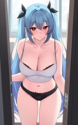 1girl bare_arms bare_shoulders black_panties blue_hair bra bra_peek breasts camisole cleavage collarbone commentary_request commission cowboy_shot crop_top dungeon_and_fighter hair_ribbon highres korean_commentary lace_trim large_breasts long_hair looking_at_viewer navel no_pants open_door original panties parted_lips red_eyes ribbon shirt sleeveless sleeveless_shirt solo stomach string_bra thighs twintails underwear very_long_hair white_shirt ziroqon