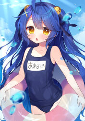 1girl ahoge alternate_costume amamiya_kokoro bare_arms bell blue_hair blue_one-piece_swimsuit blue_sky breasts cloud covered_navel dot_nose fang hair_bell hair_ornament hair_ribbon heart heart_tattoo highres holding holding_swim_ring innertube jingle_bell light_blush long_hair looking_at_viewer name_tag nijisanji old_school_swimsuit one-piece_swimsuit open_mouth ribbon school_swimsuit school_swimsuit_flap skin_fang sky small_breasts solo swim_ring swimsuit tattoo translated two_side_up ujiie virtual_youtuber water x_hair_ornament yellow_eyes