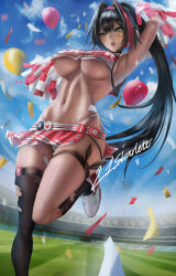 Rule 34 | 1girl, 21skarlett, absurdres, armpits, asymmetrical legwear, balloon, bay (nikke), black hair, black socks, black thighhighs, breasts, cheerleader, confetti, dark-skinned female, dark skin, day, goddess of victory: nikke, hair intakes, highres, holding, holding pom poms, large breasts, long hair, microskirt, mole, mole on stomach, multicolored hair, open mouth, outdoors, panties, pantyshot, pom pom (cheerleading), pom poms, ponytail, red streaks, shoes, side-tie panties, signature, single sock, single thighhigh, skirt, sneakers, socks, solo, stadium, standing, standing on one leg, star sticker, sticker on face, streaked hair, sweat, thighhighs, torn clothes, torn socks, torn thighhighs, two-tone skirt, two-tone tank top, underwear, very long hair, white panties, white shoes