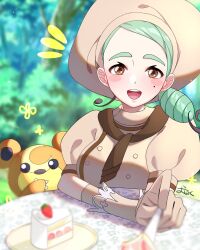 1girl ascot bear blush breasts brown_ascot brown_eyes brown_fur buttons chef_hat claws gen_2_pokemon green_hair hat highres katy_(pokemon) large_breasts low_side_ponytail mole mole_on_cheek ninkou_tan nintendo open_mouth pokemon pokemon_(creature) pokemon_sv puffy_short_sleeves puffy_sleeves short_sleeves smile teddiursa upper_body