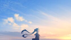 1girl aqua_hair arm_at_side blue_serafuku blue_shirt blue_skirt blue_sky closed_eyes closed_mouth cloud cloudy_sky commentary cowboy_shot english_commentary expressionless floating_clothes floating_hair from_side hatsune_miku highres long_hair long_sleeves miku_day neckerchief nengoro outdoors pink_neckerchief pleated_skirt sailor_collar scenery school_uniform serafuku shirt skirt sky sky_focus solo sunrise twintails very_long_hair vocaloid white_sailor_collar wide_shot wind
