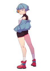 1girl bare_shoulders black_shorts blue_hair blue_jacket closed_mouth earrings full_body highres hoop_earrings jacket jewelry looking_back multicolored_hair off_shoulder open_clothes open_jacket orange_hair original purple_eyes red_shoes seuhyo99 shoes short_hair shorts simple_background socks solo standing two-tone_hair very_short_hair white_background white_socks