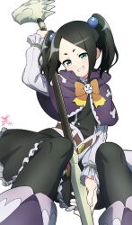 Rule 34 | 1girl, absurdres, aqua eyes, beads, between legs, black dress, black pantyhose, bow, capelet, clenched teeth, dress, feet out of frame, futoku no guild, hair beads, hair ornament, hand between legs, head tilt, highres, holding, holding staff, long sleeves, looking at viewer, makicha (sasurainopink), orange bow, pantyhose, parted lips, purple capelet, purple footwear, short eyebrows, sidelocks, signature, simple background, sitting, smile, solo, staff, teeth, thick eyebrows, tokishikko dana, twintails, white background