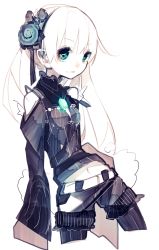 1girl black_pantyhose blue_eyes breasts brooch colored_skin hair_ornament jewelry long_hair long_sleeves navel original pantyhose riuichi simple_background small_breasts standing white_background white_hair white_skin