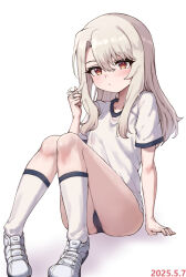 1girl black_buruma buruma closed_mouth commentary_request dated fate/kaleid_liner_prisma_illya fate_(series) gym_shirt gym_uniform highres illyasviel_von_einzbern legs long_hair looking_at_viewer red_eyes shirt shoes short_sleeves simple_background sitting sneakers socks solo thighs white_background white_shirt white_sneakers white_socks xia6230713