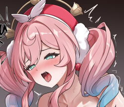 1girl aqua_eyes blue_hair blush collarbone commentary_request gradient_hair grey_background hat heart heart-shaped_pupils honkai:_star_rail honkai_(series) hyacine_(honkai:_star_rail) implied_sex looking_afar looking_ahead lunacle multicolored_hair open_mouth out-of-frame_censoring paid_reward_available partial_commentary pink_hair portrait red_hat saliva saliva_trail solo symbol-shaped_pupils tongue tongue_out trembling twintails
