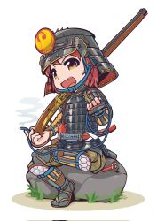 1girl :d aka-kabuto_no_gema armor dou full_body gun helmet highres holding holding_gun holding_weapon japanese_armor kabuto_(helmet) katana looking_at_viewer musket open_mouth original red_hair samurai shears short_hair simple_background sitting smile solo stone sword v-shaped_eyebrows weapon white_background yellow_eyes