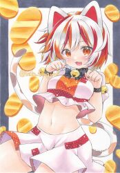 1girl :3 :d bell breasts calico cat_girl cat_tail coin cowboy_shot crop_top gold goutokuji_mike happy highres jingle_bell koban_(gold) maneki-neko multicolored_shirt multicolored_shorts multicolored_tail navel neck_bell open_mouth patch patchwork_clothes paw_pose shorts small_breasts smile solo stomach tail touhou tsugumi_(tky-fam) white_shorts