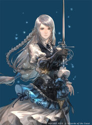 1girl blue_vest braid final_fantasy final_fantasy_xvi gloves grey_hair holding holding_sword holding_weapon jill_warrick leather_vest long_hair long_skirt looking_at_viewer low-tied_long_hair magic:_the_gathering neck_ribbon official_art rapier ribbon single_braid single_glove skirt solo suzuki_rika sword vest weapon