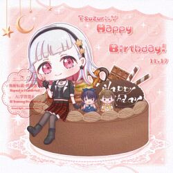 Rule 34 | 1girl, adversarial noise, black boots, black choker, black gloves, black hairband, black jacket, black thighhighs, blue bow, blue dress, blue gloves, blue hair, blue necktie, blush, bob cut, boots, border, bow, brown hair, buttons, cake, center-flap bangs, character doll, character name, chibi, chibi only, chocolate cake, choker, closed mouth, collared shirt, colored inner hair, commentary request, cropped jacket, cropped shirt, dark blue hair, dated, diagonal bangs, doll, dollchestra, double-breasted, dress, fingerless gloves, food, gloves, grey hair, hair bow, hairband, happy birthday, inverted bob, jacket, kachimachi kosuzu, link! like! love live!, long hair, looking at viewer, love live!, midriff, miimaru, miniskirt, multicolored hair, murano sayaka, necktie, official alternate costume, open clothes, open jacket, pink background, pink eyes, plaid clothes, plaid skirt, ponytail, proof (love live!), red hair, red skirt, shirt, short hair, side ahoge, sitting on food, skirt, sleeveless, sleeveless dress, smile, solo, star (symbol), star choker, star hairband, straight hair, streaked hair, thighhighs, virtual youtuber, w, watermark, white border, yellow bow, yellow necktie, yellow shirt, yugiri tsuzuri, zettai ryouiki