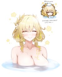 1girl absurdres aglaea_(honkai:_star_rail) blonde_hair breast_tattoo breasts cleavage commentary_request flower gold_tattoo hair_flower hair_ornament highres honkai:_star_rail honkai:_star_rail_sticker_redraw_(meme) honkai_(series) large_breasts laurel_crown meme nude partially_submerged short_hair simple_background smile solo taro_(peach_taro51) tattoo translation_request white_background