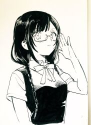 1girl bare_arms bow bowtie braid closed_mouth collared_shirt commentary_request cropped_torso dress_shirt eyelashes frown glasses greyscale hair_over_shoulder highres light_frown long_hair looking_ahead love_live! love_live!_nijigasaki_high_school_idol_club monochrome nakagawa_nana nib_pen_(medium) nijigasaki_school_uniform no+bi= palms pen_(medium) photo_(medium) salute school_uniform shirt short_sleeves solo traditional_media twin_braids v-neck vest yuki_setsuna yuki_setsuna_(love_live!)