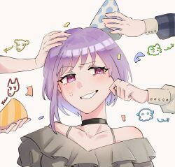 5girls anger_vein arrow_(symbol) ave_mujica_(bang_dream!) bang_dream! bang_dream!_it&#039;s_mygo!!!!! bare_shoulders black_choker cheek_pinching choker collarbone commentary confetti dog doodle_inset frilled_shirt frills grey_shirt grin hand_on_another&#039;s_head hat highres hui_0w0 looking_to_the_side misumi_uika multiple_girls octopus off-shoulder_shirt off_shoulder party_hat party_popper pinching plaid_clothes plaid_sleeves purple_eyes purple_hair putting_on_headwear shirt short_hair simple_background smile spaghetti_strap surrounded_by_hands swept_bangs symbol-only_commentary teeth togawa_sakiko upper_body wakaba_mutsumi white_background white_sleeves wolf yahata_umiri yuutenji_nyamu