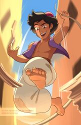 1boy aladdin_(disney) aladdin_(movie) arabian_clothes barefoot brown_eyes dark-skinned_male dark_skin happy hat highres long_hair looking_at_viewer pants short_hair smile takatmaorange vest