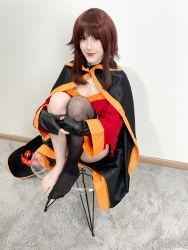 Rule 34 | 1girl, absurdres, asymmetrical legwear, belt, belt collar, black cape, black gloves, black hat, black socks, breasts, brown hair, cape, carpet, chair, collar, cosplay, cosplay photo, crossed legs, dress, eyelashes, feet, fingerless gloves, from above, full body, gloves, hat, highres, indoors, kneehighs, kono subarashii sekai ni shukufuku wo!, lips, looking at viewer, looking up, megumin, megumin (cosplay), mismatched legwear, mole, own hands together, photo (medium), red dress, red eyes, single kneehigh, single sock, sitting, small breasts, smile, socks, solo, staff, stelarhoshi, toes, transparent, unworn hat, unworn headwear, wall, witch hat