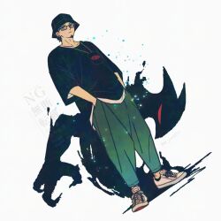 Rule 34 | 1boy, black hair, black hat, black shirt, closed mouth, collarbone, commentary request, dandadan, facial hair, full body, glasses, green pants, hands in pockets, hat, k ysd001, kashimoto (dandadan), light particles, male focus, pants, shirt, short hair, solo, standing, white background