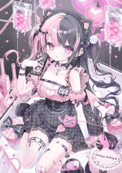Rule 34 | 100-series, 1girl, absurdres, animal ears, balloon, bandaged arm, bandages, bandaid, bandaid on leg, bare shoulders, bat hair ornament, black bow, black choker, black hair, black nails, black skirt, blood, blood bag, blush, bow, breasts, cake, choker, cleavage cutout, clothing cutout, cross, cross choker, detached sleeves, ear piercing, food, frilled shirt, frills, hair ornament, heart cutout, high-waist skirt, highres, holding, holding phone, jewelry, jirai kei, konpe itou, large breasts, long hair, looking at viewer, multicolored hair, nail polish, original, phone, piercing, pink eyes, pink hair, pink shirt, plaid clothes, plaid skirt, ring, shirt, single thighhigh, sitting, skirt, solo, split-color hair, suspender skirt, suspenders, thighhighs, twintails, wariza, x hair ornament