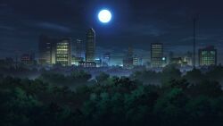 blue_sky city city_lights cityscape dark fog forest full_moon highres moon nature night night_sky no_humans non-web_source official_art our_life:_beginnings_and_always scenery sky skyline star_(sky) starry_sky tree variant_set