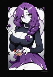 1girl absurdres breasts cha_cha_(vtuber) cleavage cleavage_cutout closed_mouth clothing_cutout coffee_mug cup earrings hair_between_eyes heart highres holding holding_cup indie_virtual_youtuber jewelry long_braid mole mole_under_mouth mug necklace partially_colored pearl_necklace purple_eyes purple_hair purple_nails purple_skirt ribbed_sweater skirt smile solo sweater twitter_username virtual_youtuber whatjuz