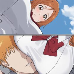 Rule 34 | 1boy, 1girl, artist request, bleach, breasts, female focus, frieren lap pillow (meme), from below, inoue orihime, karakura high school uniform, kurosaki ichigo, lap pillow, large breasts, long hair, looking at viewer, orange hair, pov, short hair, source request, upper body