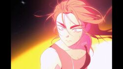 Rule 34 | 1girl, alien stage, black tank top, brown hair, chest tattoo, commentary, english commentary, grey eyes, highres, hyuna (alien stage), long hair, lubya, pillarboxed, single strap, solo, sweat, tank top, tattoo