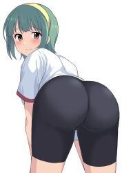 1girl ass bent_over bike_shorts blush from_behind green_eyes green_hair hairband highres idolmaster idolmaster_(classic) looking_at_viewer looking_back medium_hair mole mole_under_mouth otonashi_kotori perapera shirt shorts simple_background solo split_mouth white_background white_shirt yellow_hairband