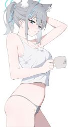 Rule 34 | 1girl, absurdres, alternate costume, alternate hairstyle, animal ear fluff, arm behind head, bare arms, bare shoulders, blue archive, blue eyes, blush, cross hair ornament, cup, extra ears, grey hair, grey panties, hair between eyes, hair ornament, highres, holding, holding cup, long hair, panties, parted lips, ponytail, rable, shiroko (blue archive), sidelocks, solo, tail, tank top, thong, underwear, white tank top, wolf girl, wolf tail