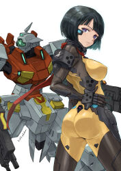 Rule 34 | 1girl, artist name, ass, assault visor, black hair, bob cut, bodysuit, breasts, closed mouth, commentary request, cowboy shot, fortified suit, gelgoog, gelgoog (gquuuuuux), green visor, gun, gundam, gundam gquuuuuux, hand on own hip, highres, jun (rellik &amp; redrum), large breasts, looking at viewer, mecha, mecha pilot suit, muv-luv, muv-luv alternative, redesign, robot, science fiction, shiiko sugai, short hair, signature, simple background, skin tight, standing, tactical surface fighter, weapon, white background, yellow bodysuit