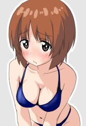 1girl bikini blue_bikini blush breasts brown_eyes brown_hair cleavage girls_und_panzer large_breasts looking_at_viewer mal_(malmlamal) navel nishizumi_miho short_hair simple_background solo swimsuit white_background