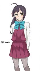 1girl ahoge aqua_bow aqua_bowtie asymmetrical_bangs black_hair bow bowtie collared_shirt cut_bangs dress dress_shirt fujinami_(kancolle) grey_pantyhose halter_dress halterneck hamuno highres kantai_collection long_hair one-hour_drawing_challenge pantyhose pleated_dress purple_dress ribbon school_uniform seamed_legwear shirt side-seamed_legwear side_ponytail simple_background solo twitter_username white_background white_ribbon white_shirt yellow_eyes