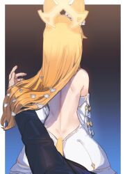Rule 34 | 1girl, animal ears, back, backless dress, backless outfit, bare shoulders, black background, blonde hair, blue archive, blue background, bow (bhp), detached sleeves, dress, facing away, fox ears, fox girl, fox tail, from behind, gradient background, hair focus, halo, highres, long hair, long sleeves, pov, pov hands, seia (blue archive), sleeve bow, solo focus, tail, white dress, yellow halo