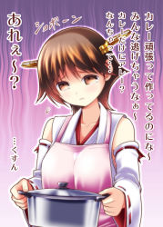 10s 1girl :3 apron bad_food bare_shoulders brown_eyes brown_hair female_focus hairband hiei_(kancolle) kantai_collection lid nontraditional_miko pot satou_yuuki short_hair solo translation_request upper_body