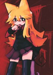 1girl absurdres animal_ears black_eyes black_necktie black_thighhighs black_vest blonde_hair blood blood_on_face blood_on_hands blood_on_mouth bright_pupils cat_ears cat_girl cat_tail collared_shirt funamusea hair_between_eyes highres holding holding_knife iesonatana knife long_hair looking_to_the_side moge-ko mogeko_castle necktie pleated_skirt red_background red_shirt red_skirt shirt skindentation skirt solo tail thighhighs vest white_pupils