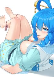 1girl akasaka_sato aqua_dress barefoot blue_eyes blue_hair breasts cleavage dress hagoromo hair_ornament hair_rings hair_stick highres kaku_seiga large_breasts looking_at_viewer ofuda shawl smile solo touhou