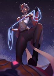 1girl absurdres alien black_pantyhose breasts carmeara chinese_commentary closed_mouth energy energy_whip h.an_(516635864) highres holding holding_whip light_smile lips medium_breasts midriff navel orange_eyes pantyhose purple_lips solid_eyes solo_focus standing star_(sky) stepped_on tokusatsu ultra_series ultraman_trigger ultraman_trigger_(series) whip