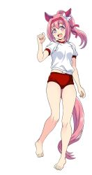 1girl animal_ears barefoot buruma ear_covers flower_in_eye full_body gym_shirt gym_uniform haru_urara_(umamusume) headband highres horse_ears horse_girl horse_tail long_hair looking_at_viewer open_mouth pink_eyes pink_hair pink_headband ponytail ponzu_rui red_buruma shirt simple_background smile solo standing symbol_in_eye t-shirt tail umamusume white_background white_shirt