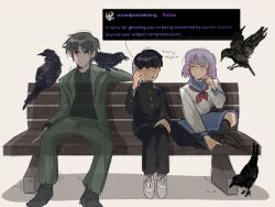 1girl 2boys animal animal_on_shoulder asagiri_minori bench bird bird_on_shoulder black_eyes black_footwear black_hair black_jacket black_pants black_shirt black_socks blue_skirt blunt_bangs blush closed_mouth commentary crow english_text full_body gakuran green_jacket green_pants highres holding holding_phone indian_style jacket kageyama_shigeo long_sleeves looking_at_another medium_hair mob_psycho_100 mogami_keiji mp100days multiple_boys neckerchief on_bench pants phone pleated_skirt purple_hair red_neckerchief sailor_collar school_uniform serafuku shirt shoes short_hair simple_background sitting skirt sneakers socks talking_on_phone tumblr white_footwear white_shirt